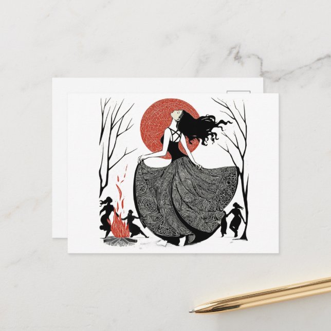 Pagan Dancing Women Red White Black Postcard (Front/Back In Situ)