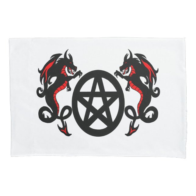 Pagan Pentacle and Two Red and Black Dragons Pillowcase (Front)