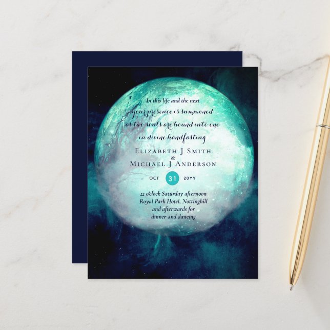 Pagan Wiccan Teal Moon Gothic Handfasting Invite (Front/Back In Situ)