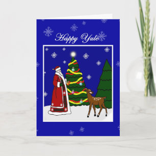 Pagan Winter Solstice Yule Santa, Tree and Deer Card
