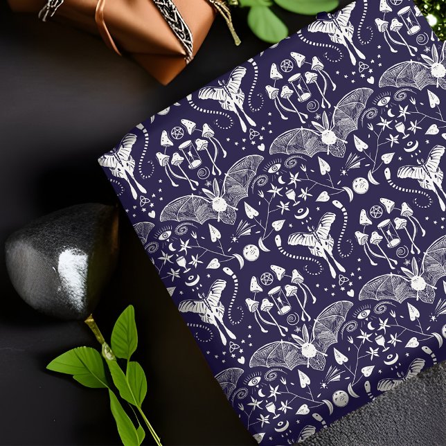 Pagan Witchy Whimsy Symbols Mushroom Bat Moth Moon Wrapping Paper (Whimsigothic pagan birthday wrapping paper with bat, moth, occult symbols.  Witchy Halloween whimsy.)