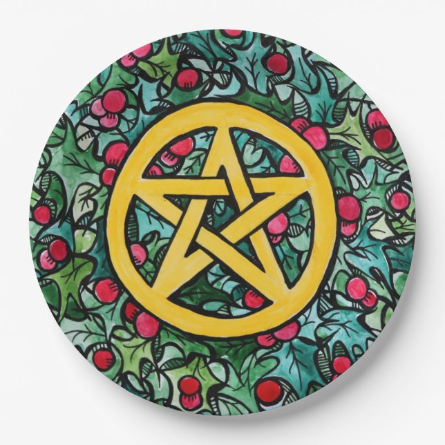 Pagan Yule Pentagram Paper Plate (Front)