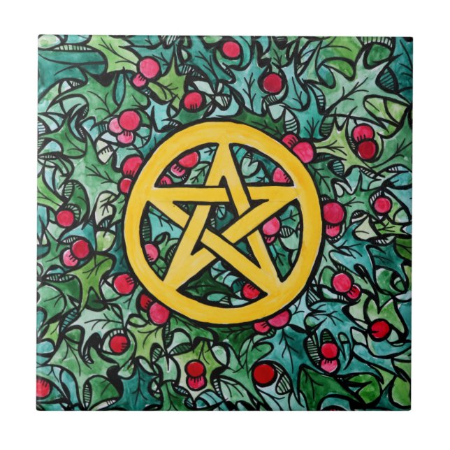 Pagan Yule Pentagram Tile (Front)