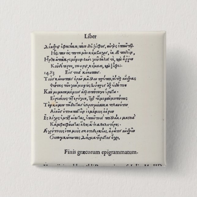 Page of Greek Epigrams by Angelo Poliziano, 1498 15 Cm Square Badge (Front)