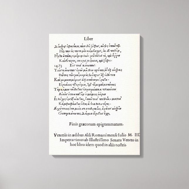 Page of Greek Epigrams by Angelo Poliziano, 1498 Canvas Print (Front)