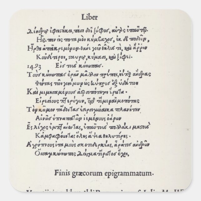 Page of Greek Epigrams by Angelo Poliziano, 1498 Square Sticker (Front)