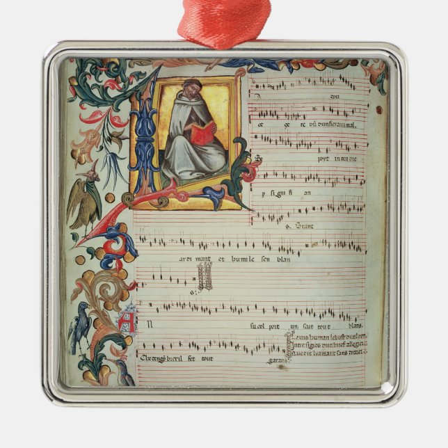 Page of musical notation with a historiated metal tree decoration (Front)