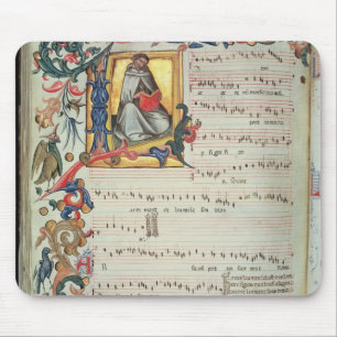 Page of musical notation with a historiated mouse mat