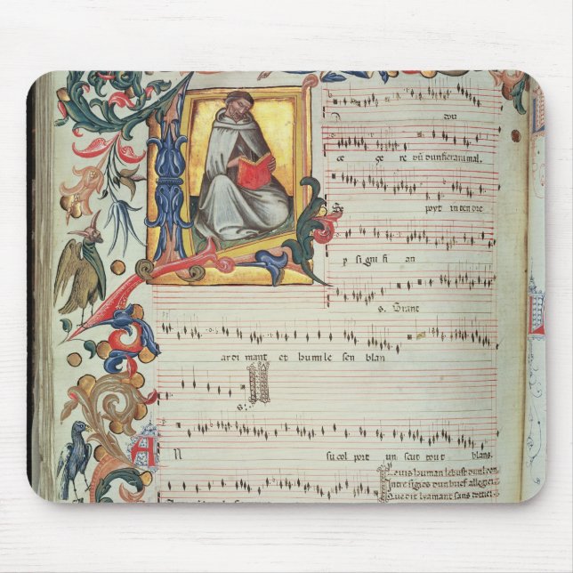 Page of musical notation with a historiated mouse mat (Front)
