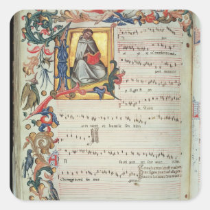 Page of musical notation with a historiated square sticker