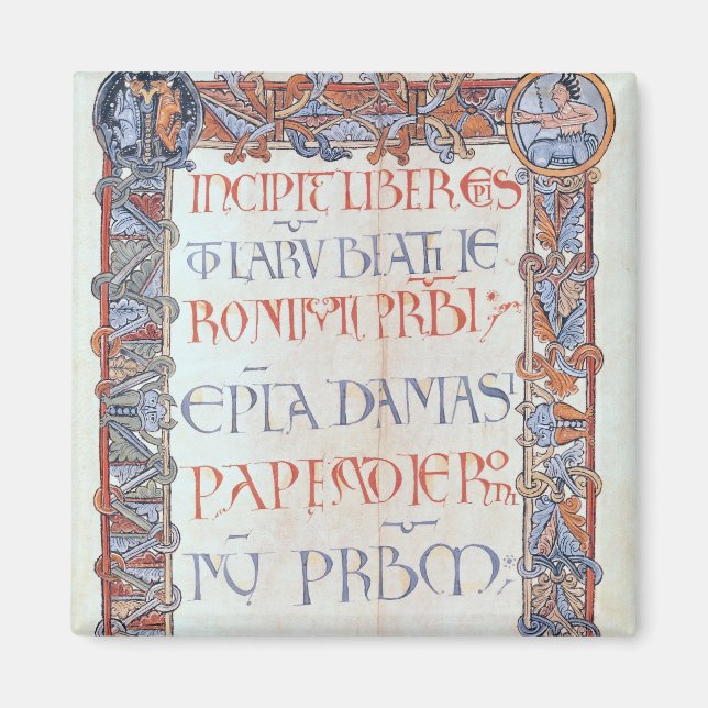 Page of text with a floriated border magnet (Front)