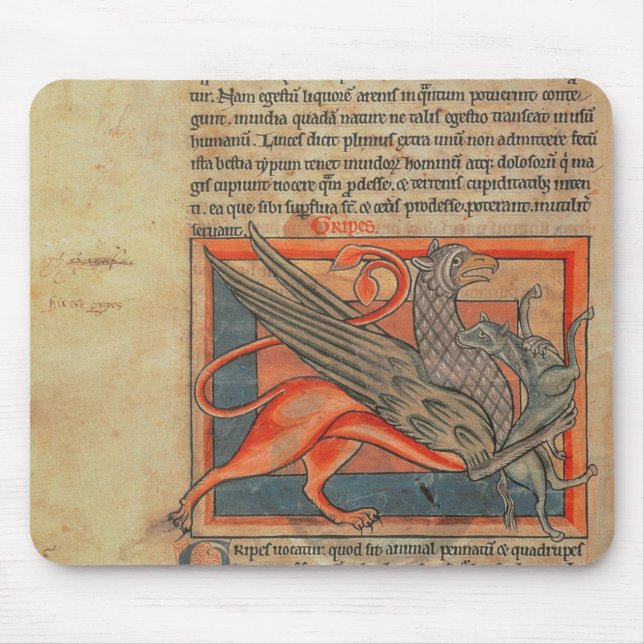 Page of text with an illustration of a griffin mouse mat (Front)