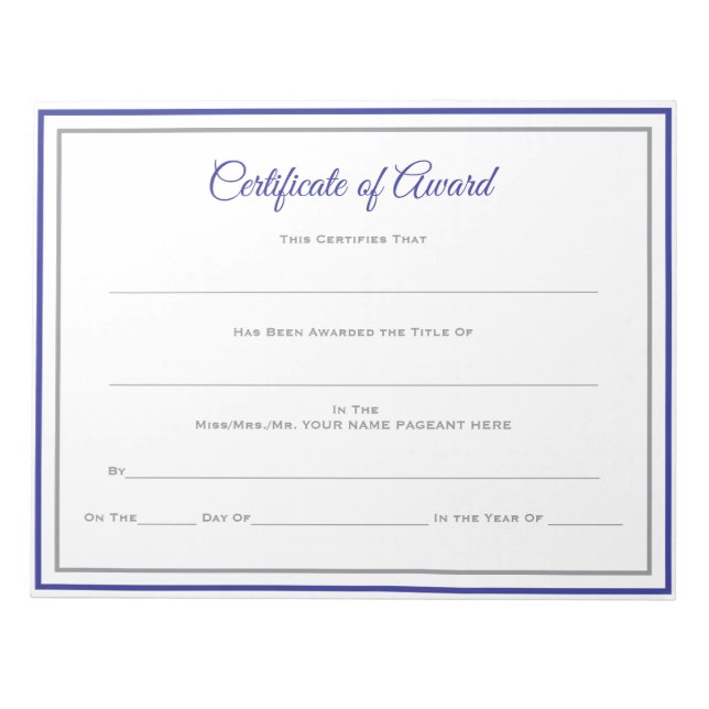 Pageant Certificates-Award Notepad (Front)