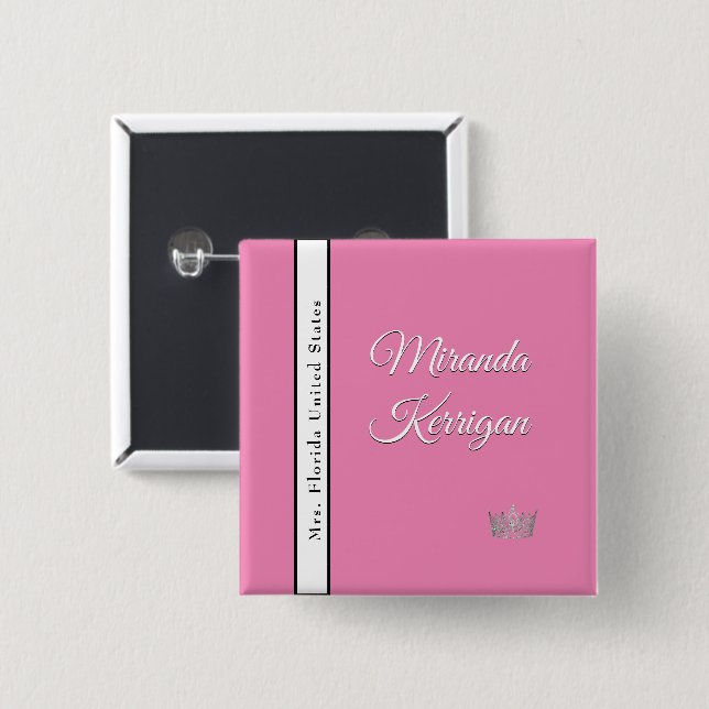 Pageant Sash Button Pin | Pink Background Crown (Front & Back)