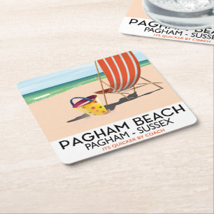 Pagham Beach Sussex vintage travel poster Square Paper Coaster
