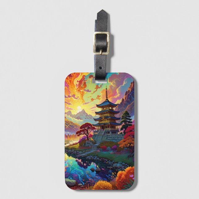 Pagoda and Coloured Landscape Luggage Tag (Front Vertical)