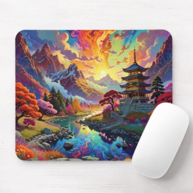 Pagoda and Coloured Landscape  Mouse Mat (Vibrant Pagoda  Fantasy Landscape mouse pad durable dust and stain resistant.. Non-slip rubber.)