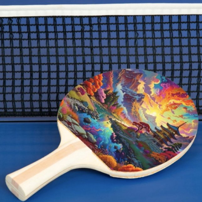 Pagoda and Coloured Landscape Ping Pong Paddle (Vibrant Pagoda  Fantasy Landscape Ergonomic handle. Paddle core quality laminated hardwood.)