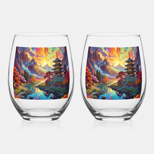 Pagoda and Coloured Landscape  Stemless Wine Glass (Front)