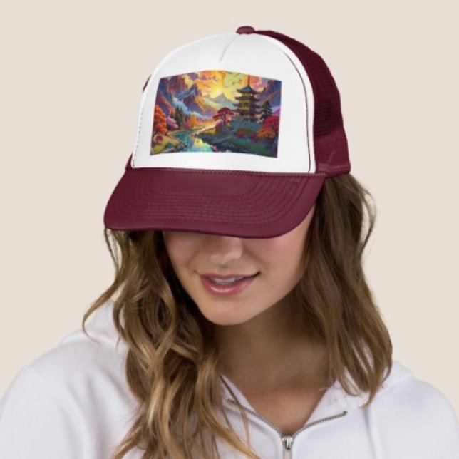 Pagoda and Coloured Landscape  Trucker Hat (Pagoda Landscape Trucker Hat   Adjust from 17" to 24" 100% polyester foam front 100% nylon mesh back)