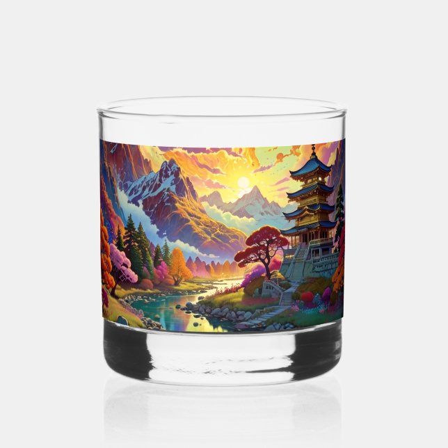 Pagoda and Coloured Landscape  Whiskey Glass  (Front)
