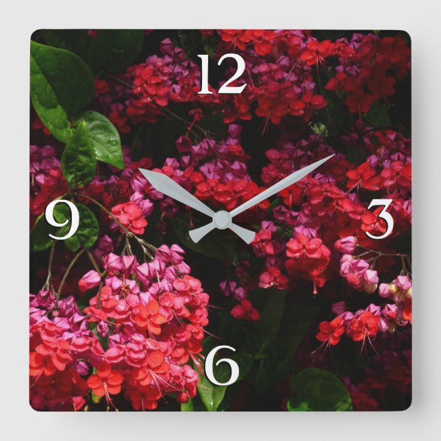 Pagoda Flowers Colorful Red and Pink Square Wall Clock (Front)