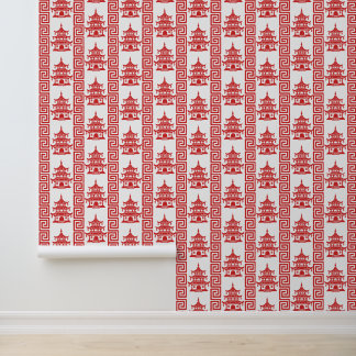 Pagoda Greek Key Stripe – Red Chinoiserie Wallpaper