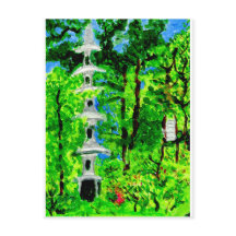 Pagoda in lush spring landscape postcard