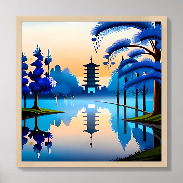 pagoda painting japan building sunrise look bluish poster (pagoda painting japan building sunrise look bluish)