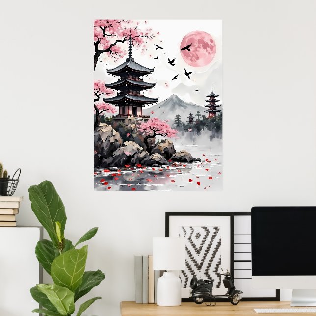 Pagoda Under a Pink Moon Poster (Home Office)