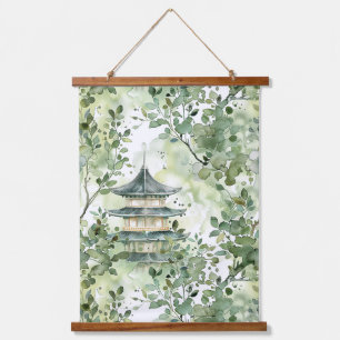 Pagoda Woodland Sage Olive Watercolor Hanging Tapestry