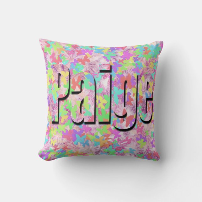 Paige, Girls Nome Logo On Pastel Butterflies, Cushion (Front)