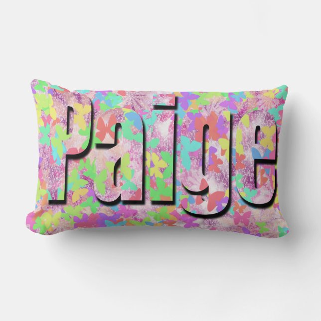 Paige, Girls Nome Logo On Pastel Butterflies, Lumbar Cushion (Front)