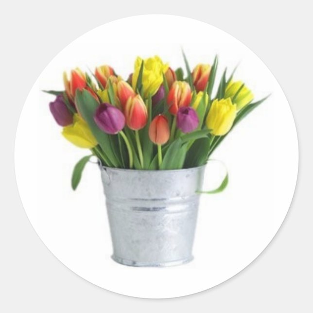pail of tulips classic round sticker (Front)