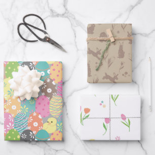 Pained Easter eggs and bunnies, spring tulips Wrapping Paper Sheet