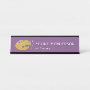 Paint and Brushes on Purple Art Teacher Desk Name Plate