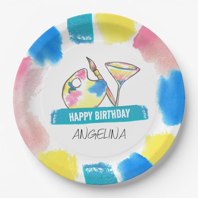 Paint and Sip Adult Wine Birthday Painting Party Paper Plate (Front)
