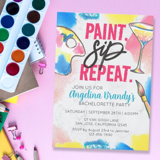 Paint and Sip Bachelorette Wine Party Marble Invitation (Creator Uploaded)