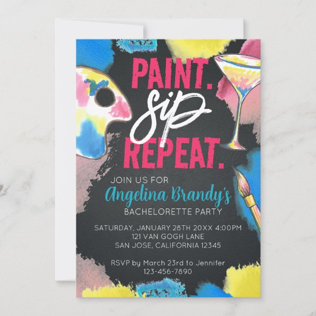 Paint and Sip Chalkboard Bachelorette Art Party Invitation (Front)
