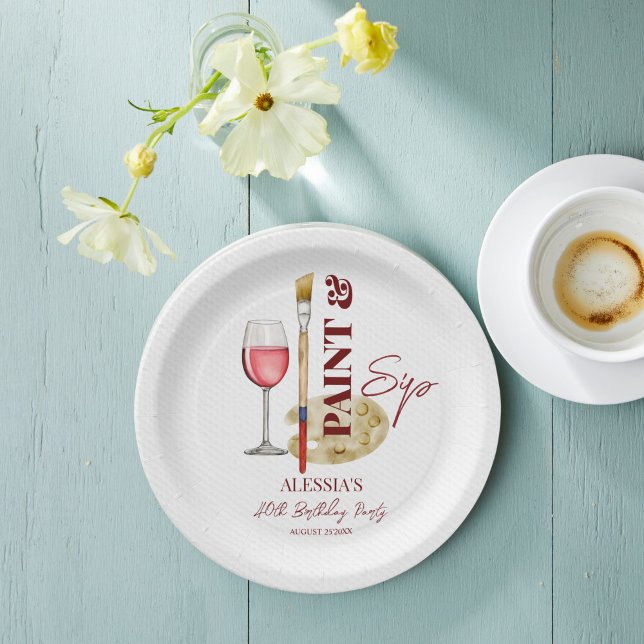 Paint and sip wine and art themed party template paper plate (Paint and sip wine and art themed party personalized printed paper plates template )