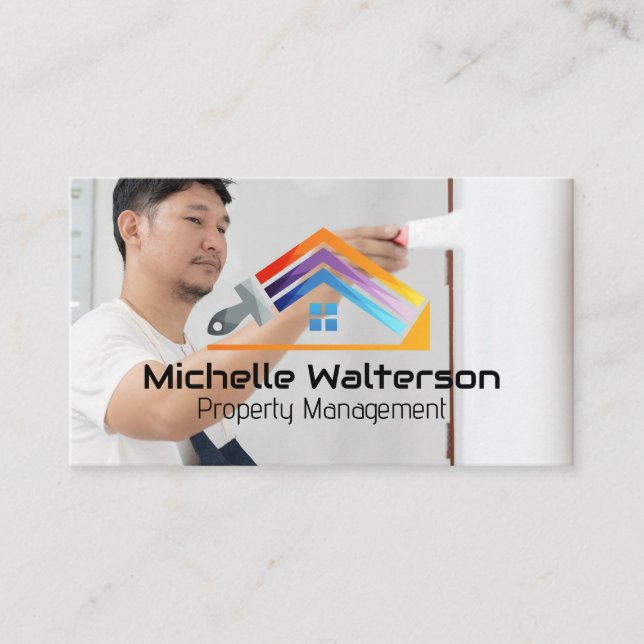 Paint Brush House Logo | Worker Painting Wall Business Card (Front)