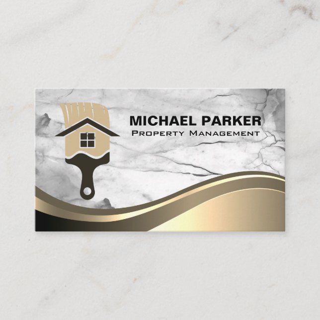 Paint Brush Logo | Marble Metallic Background Business Card (Front)