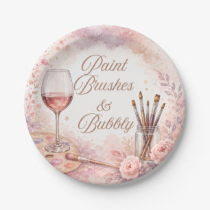 Paint Brushes & Bubbly Pink Watercolor Paint & Sip Paper Plate