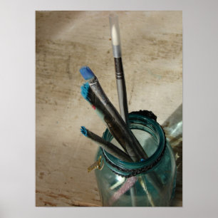 Paint Brushes in a Vintage Jar Still Life Poster