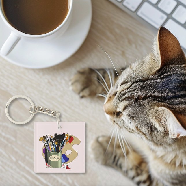 Paint Brushes Pallet Black Kitten Artist Key Ring (Creator Uploaded)