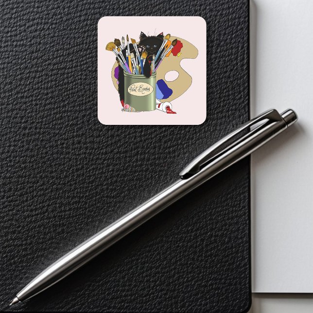Paint Brushes Pallet Black Kitten Artist Square Sticker (Creator Uploaded)