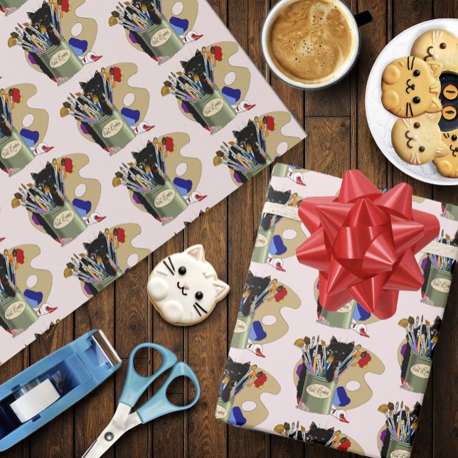 Paint Brushes Pallet Black Kitten Artist Wrapping Paper (Creator Uploaded)