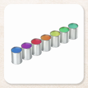 Paint cans with different colours square paper coaster