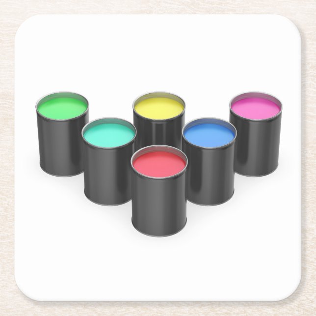 Paint cans with different colours square paper coaster (Front)