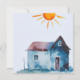 Paint Drawing, House And Sun Made By Child Holiday Card